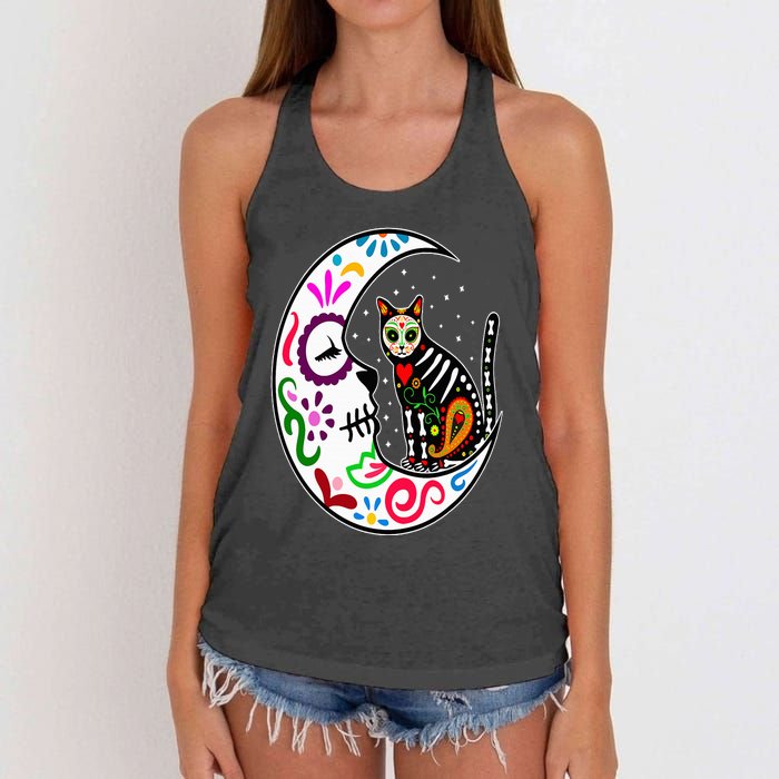 Sugar Skull Cat Moon Dia De Los Muertos Mexican Day of Dead Women's Knotted Racerback Tank