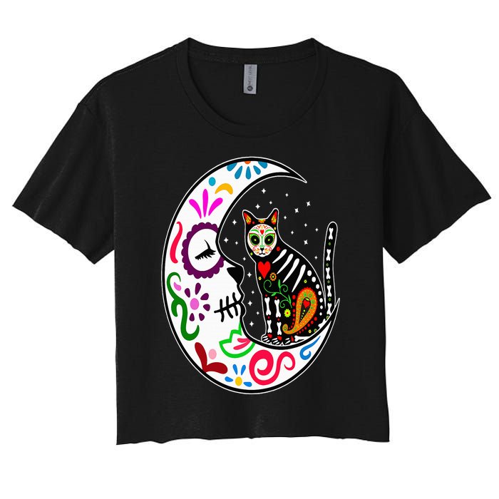 Sugar Skull Cat Moon Dia De Los Muertos Mexican Day of Dead Women's Crop Top Tee