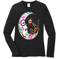 Sugar Skull Cat Moon Dia De Los Muertos Mexican Day of Dead Ladies Long Sleeve Shirt