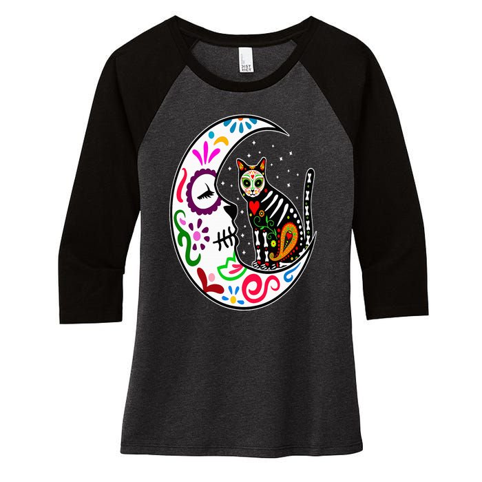 Sugar Skull Cat Moon Dia De Los Muertos Mexican Day of Dead Women's Tri-Blend 3/4-Sleeve Raglan Shirt