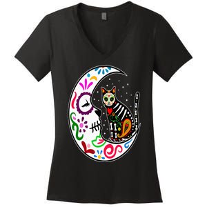 Sugar Skull Cat Moon Dia De Los Muertos Mexican Day of Dead Women's V-Neck T-Shirt