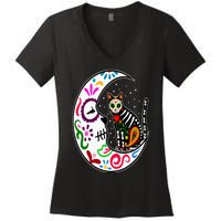 Sugar Skull Cat Moon Dia De Los Muertos Mexican Day of Dead Women's V-Neck T-Shirt