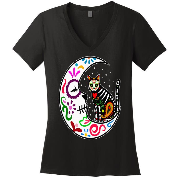 Sugar Skull Cat Moon Dia De Los Muertos Mexican Day of Dead Women's V-Neck T-Shirt