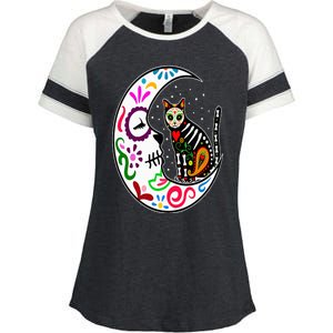 Sugar Skull Cat Moon Dia De Los Muertos Mexican Day of Dead Enza Ladies Jersey Colorblock Tee