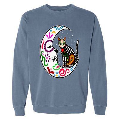 Sugar Skull Cat Moon Dia De Los Muertos Mexican Day of Dead Garment-Dyed Sweatshirt