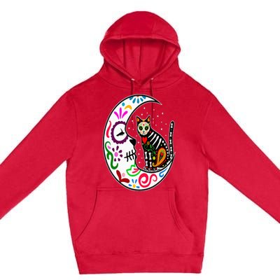 Sugar Skull Cat Moon Dia De Los Muertos Mexican Day of Dead Premium Pullover Hoodie