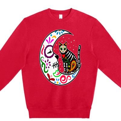 Sugar Skull Cat Moon Dia De Los Muertos Mexican Day of Dead Premium Crewneck Sweatshirt