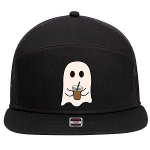 Spooky Season Cute Little Ghost Ice Coffee Halloween Costume 7 Panel Mesh Trucker Snapback Hat