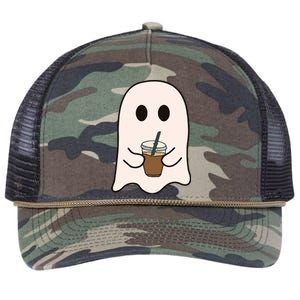 Spooky Season Cute Little Ghost Ice Coffee Halloween Costume Retro Rope Trucker Hat Cap