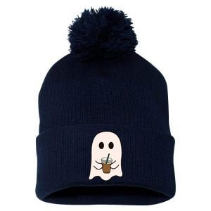 Spooky Season Cute Little Ghost Ice Coffee Halloween Costume Pom Pom 12in Knit Beanie