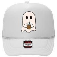 Spooky Season Cute Little Ghost Ice Coffee Halloween Costume High Crown Mesh Back Trucker Hat