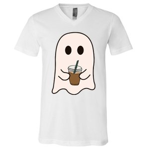 Spooky Season Cute Little Ghost Ice Coffee Halloween Costume V-Neck T-Shirt