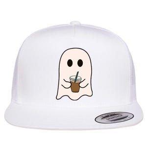 Spooky Season Cute Little Ghost Ice Coffee Halloween Costume Flat Bill Trucker Hat