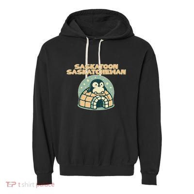 Saskatoon Saskatchewan Canada Cute Penguin Garment-Dyed Fleece Hoodie
