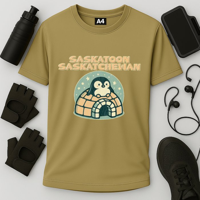 Saskatoon Saskatchewan Canada Cute Penguin Cooling Performance Crew T-Shirt
