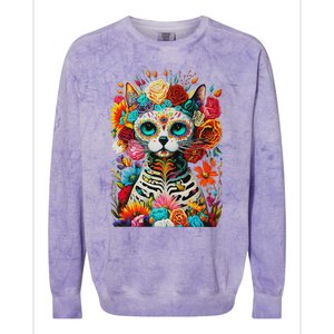 Sugar Skull Cat De Los Muertos La Catrina Day Of The Dead Colorblast Crewneck Sweatshirt