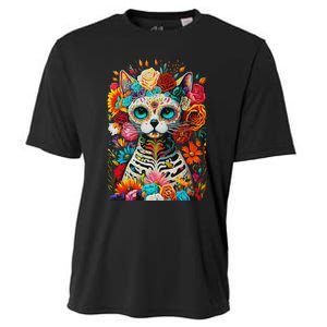 Sugar Skull Cat De Los Muertos La Catrina Day Of The Dead Cooling Performance Crew T-Shirt