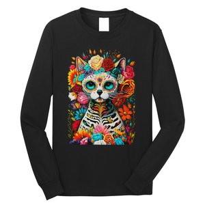 Sugar Skull Cat De Los Muertos La Catrina Day Of The Dead Long Sleeve Shirt