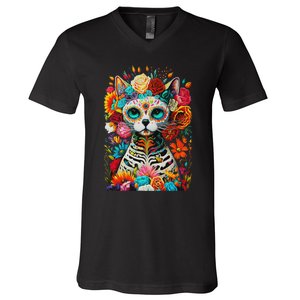 Sugar Skull Cat De Los Muertos La Catrina Day Of The Dead V-Neck T-Shirt