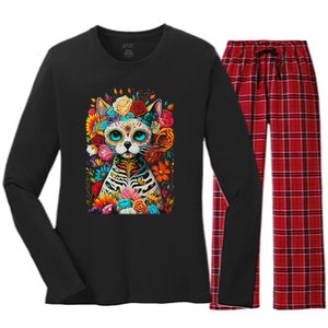 Sugar Skull Cat De Los Muertos La Catrina Day Of The Dead Women's Long Sleeve Flannel Pajama Set 