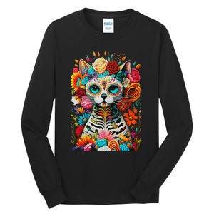 Sugar Skull Cat De Los Muertos La Catrina Day Of The Dead Tall Long Sleeve T-Shirt