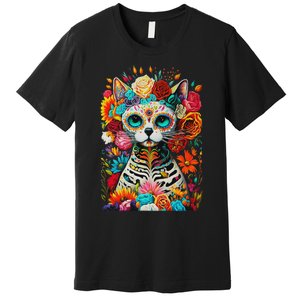 Sugar Skull Cat De Los Muertos La Catrina Day Of The Dead Premium T-Shirt