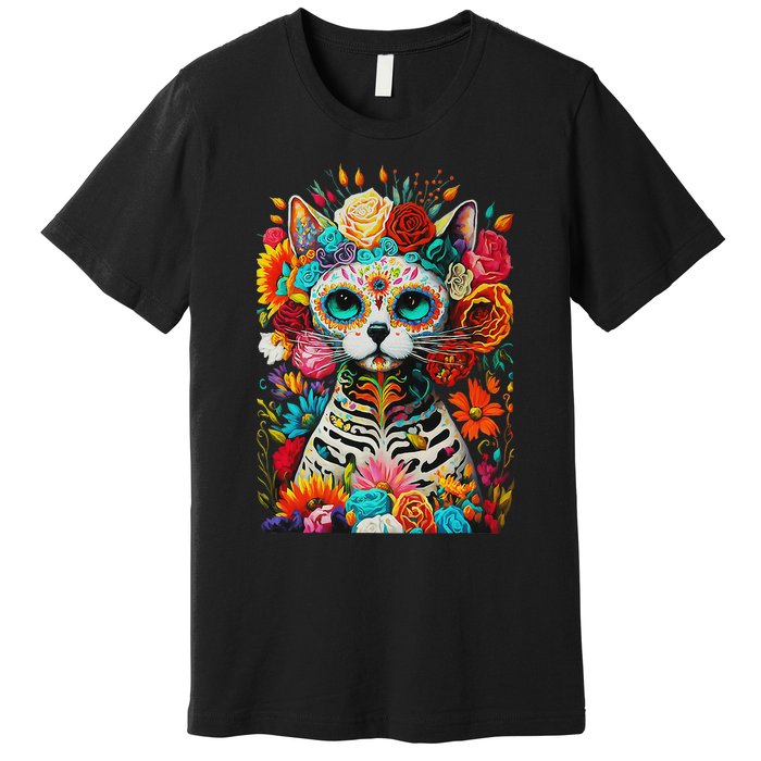 Sugar Skull Cat De Los Muertos La Catrina Day Of The Dead Premium T-Shirt