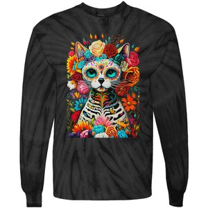 Sugar Skull Cat De Los Muertos La Catrina Day Of The Dead Tie-Dye Long Sleeve Shirt