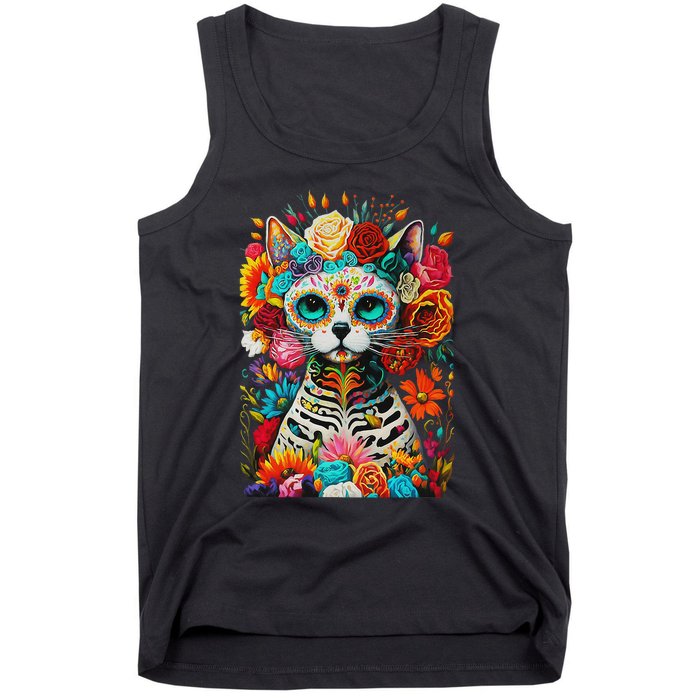 Sugar Skull Cat De Los Muertos La Catrina Day Of The Dead Tank Top