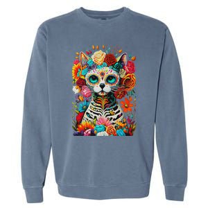 Sugar Skull Cat De Los Muertos La Catrina Day Of The Dead Garment-Dyed Sweatshirt