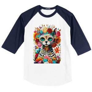 Sugar Skull Cat De Los Muertos La Catrina Day Of The Dead Baseball Sleeve Shirt