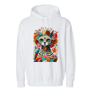 Sugar Skull Cat De Los Muertos La Catrina Day Of The Dead Garment-Dyed Fleece Hoodie