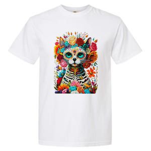 Sugar Skull Cat De Los Muertos La Catrina Day Of The Dead Garment-Dyed Heavyweight T-Shirt