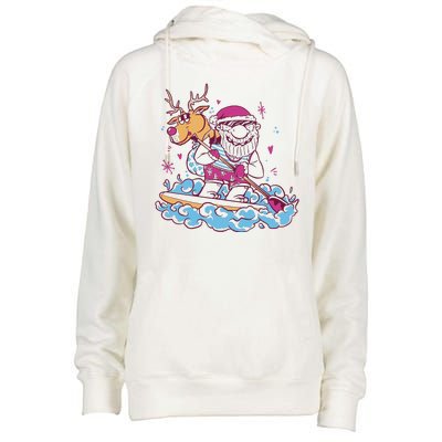 Santa Surfing Christmas Holiday Vacation Womens Funnel Neck Pullover Hood