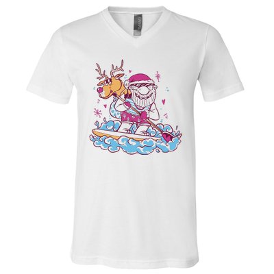 Santa Surfing Christmas Holiday Vacation V-Neck T-Shirt