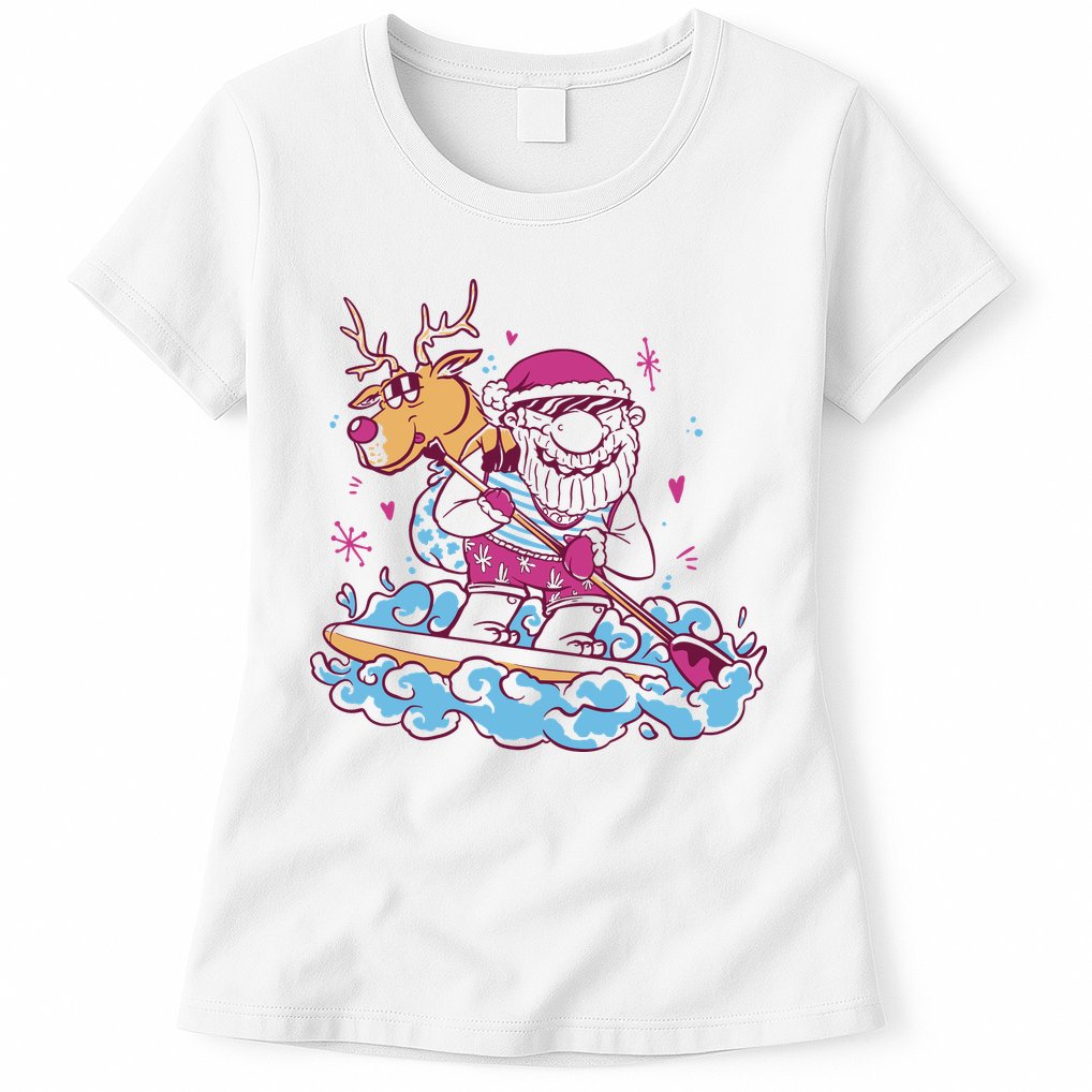 Santa Surfing Christmas Holiday Vacation Womens T-Shirt