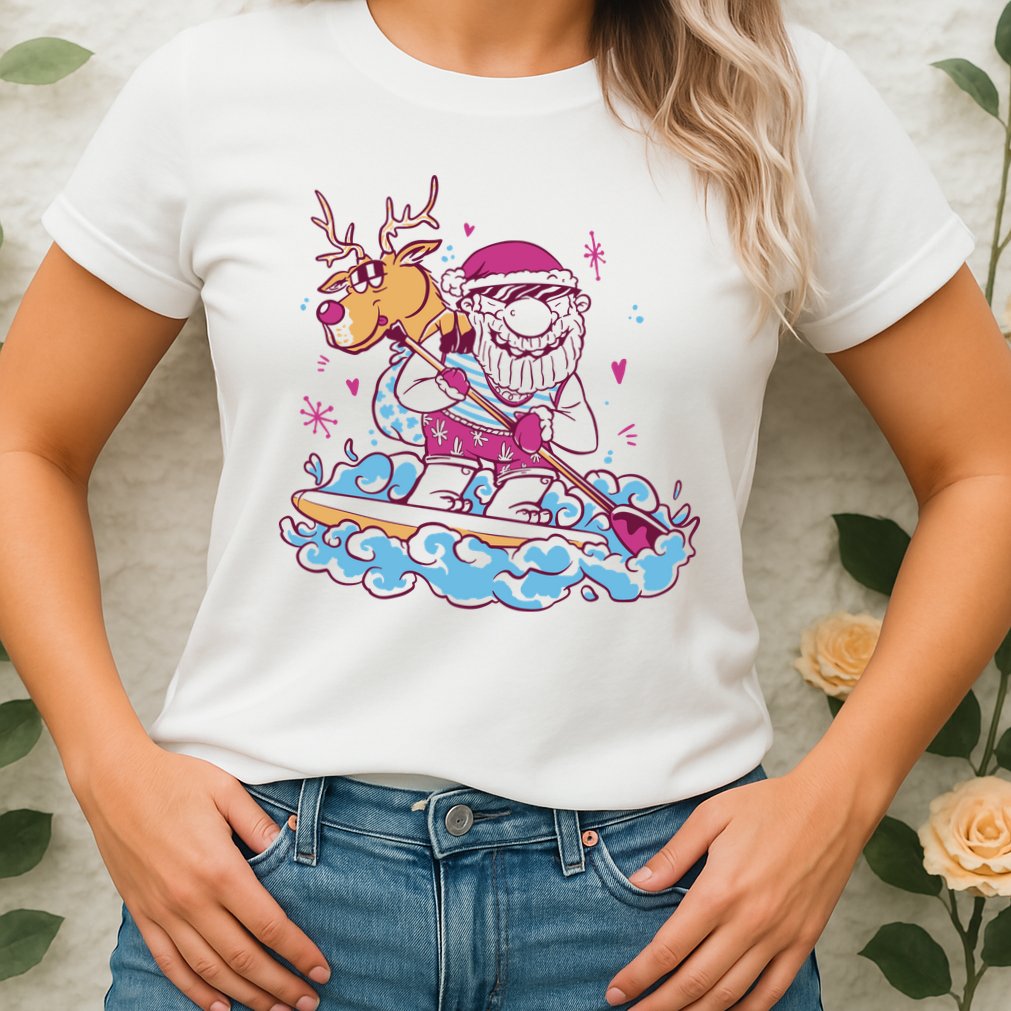 Santa Surfing Christmas Holiday Vacation Womens T-Shirt