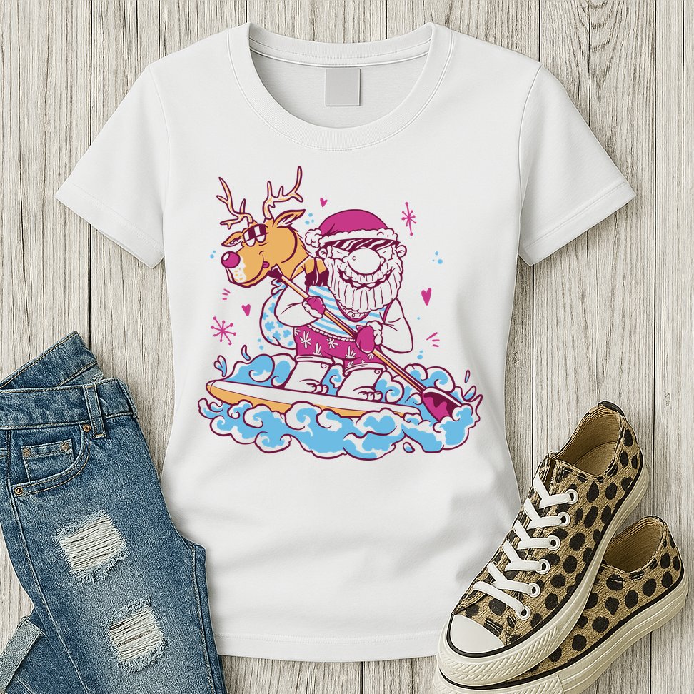 Santa Surfing Christmas Holiday Vacation Womens T-Shirt
