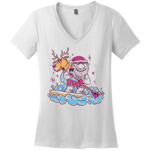 Santa Surfing Christmas Holiday Vacation Women's V-Neck T-Shirt