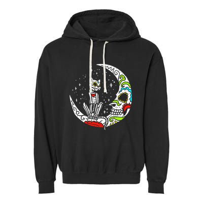Sugar Skull Cat Moon Dia De Los Muertos Halloween Costume Garment-Dyed Fleece Hoodie