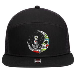 Sugar Skull Cat Moon Dia De Los Muertos Halloween Costume 7 Panel Mesh Trucker Snapback Hat