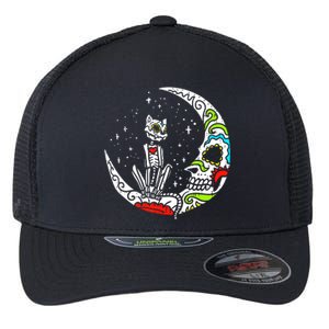 Sugar Skull Cat Moon Dia De Los Muertos Halloween Costume Flexfit Unipanel Trucker Cap