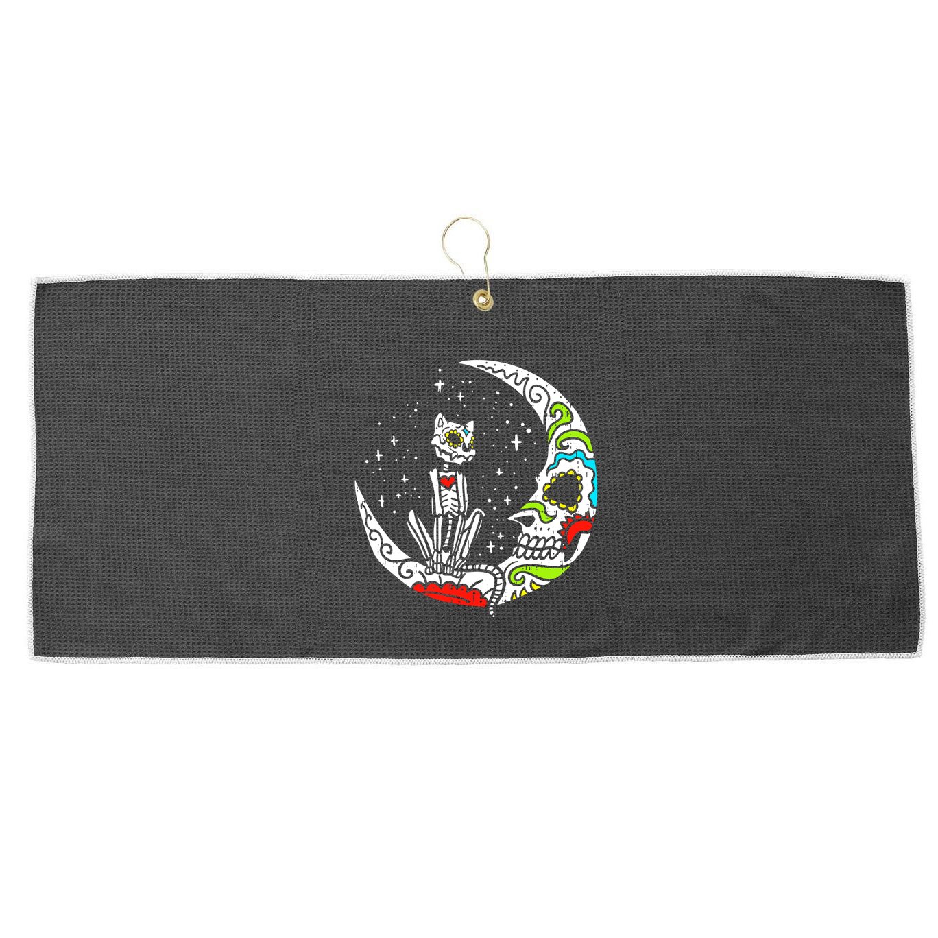 Sugar Skull Cat Moon Dia De Los Muertos Halloween Costume Large Microfiber Waffle Golf Towel