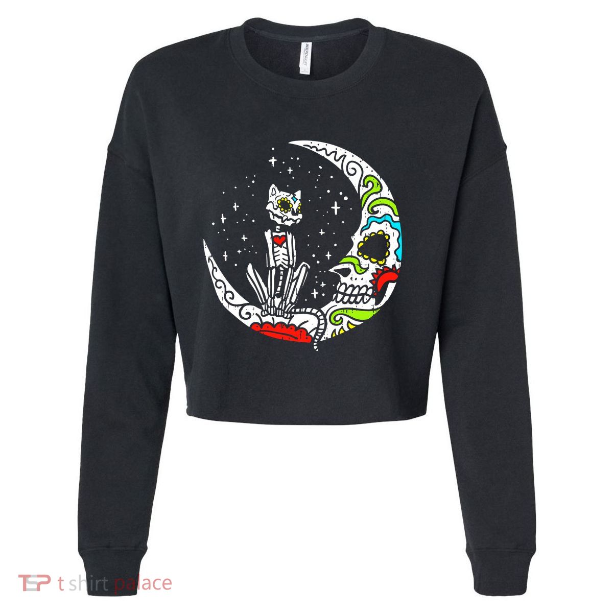 Sugar Skull Cat Moon Dia De Los Muertos Halloween Costume Cropped Pullover Crew