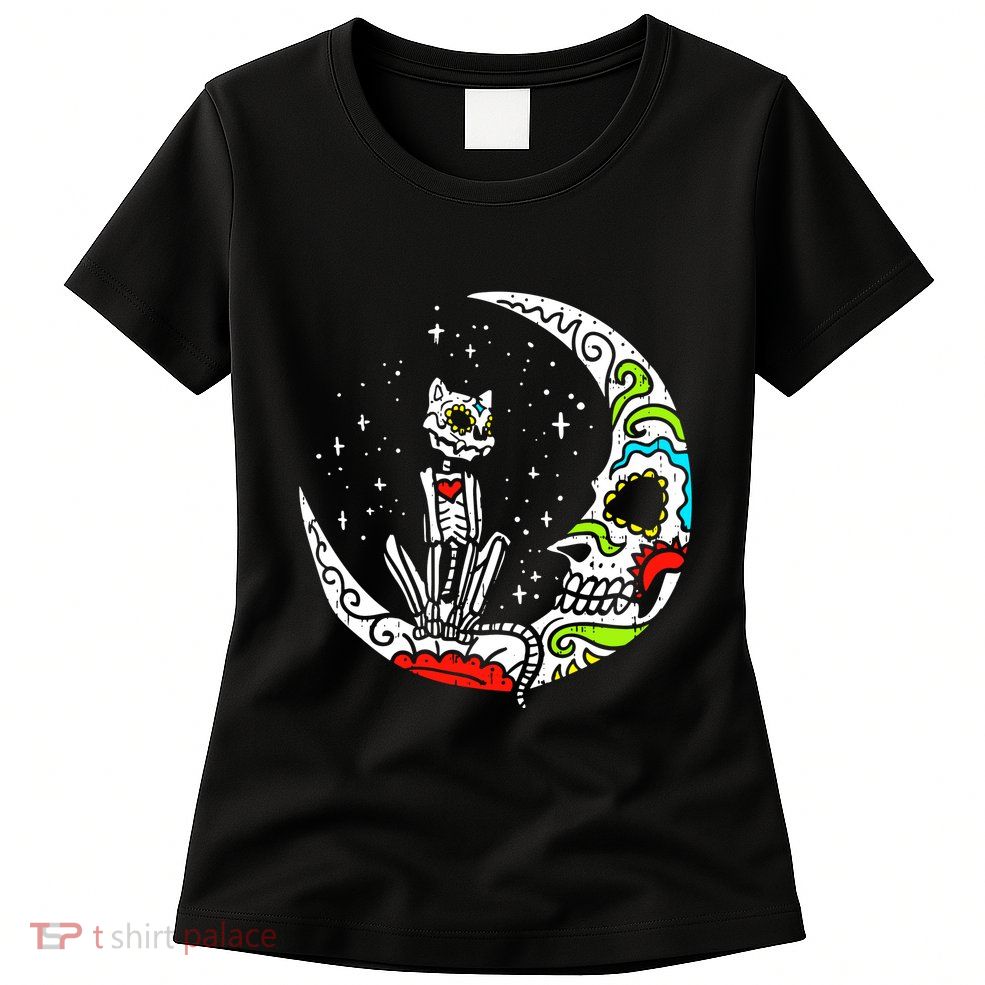 Sugar Skull Cat Moon Dia De Los Muertos Halloween Costume Womens T-Shirt