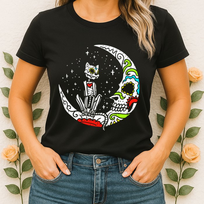 Sugar Skull Cat Moon Dia De Los Muertos Halloween Costume Womens T-Shirt
