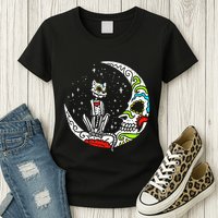 Sugar Skull Cat Moon Dia De Los Muertos Halloween Costume Womens T-Shirt