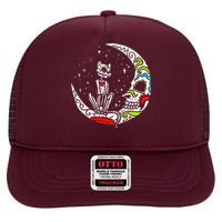 Sugar Skull Cat Moon Dia De Los Muertos Halloween Costume High Crown Mesh Back Trucker Hat