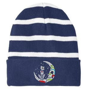 Sugar Skull Cat Moon Dia De Los Muertos Halloween Costume Striped Beanie with Solid Band