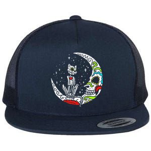 Sugar Skull Cat Moon Dia De Los Muertos Halloween Costume Flat Bill Trucker Hat